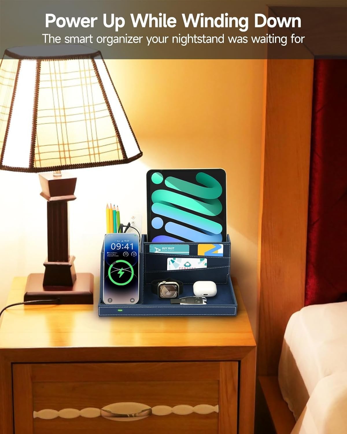 Desk Organizer with Wireless Charger, Bedside Tray, 5 Compartments