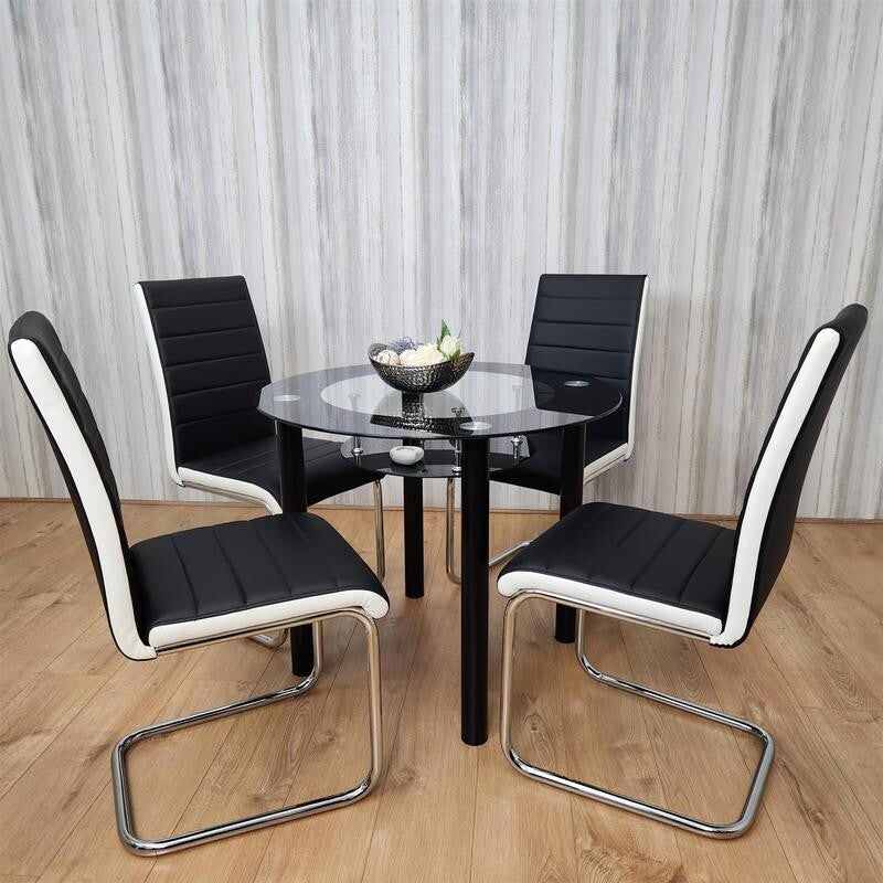 Round Glass Dining Table Set 4 Faux Leather Chairs Modern Kitchen