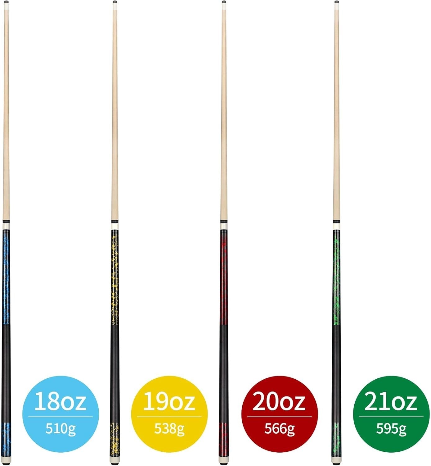 58in Pool Cue Set Canadian Maple 4 Cues 13mm Tip Leather Grip 18–21oz