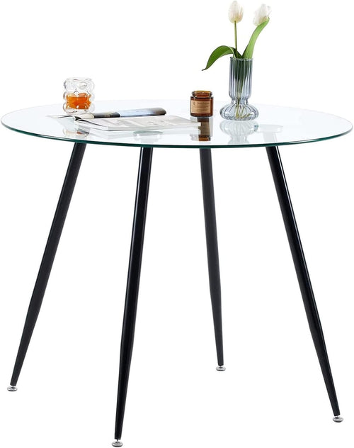 Round Glass Dining Table Black Metal Legs Modern 80cm Kitchen Table