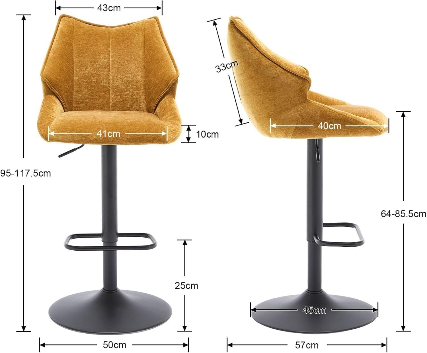 Yellow Chenille Bar Stool Set of 2 Adjustable Swivel Kitchen Counter Chairs