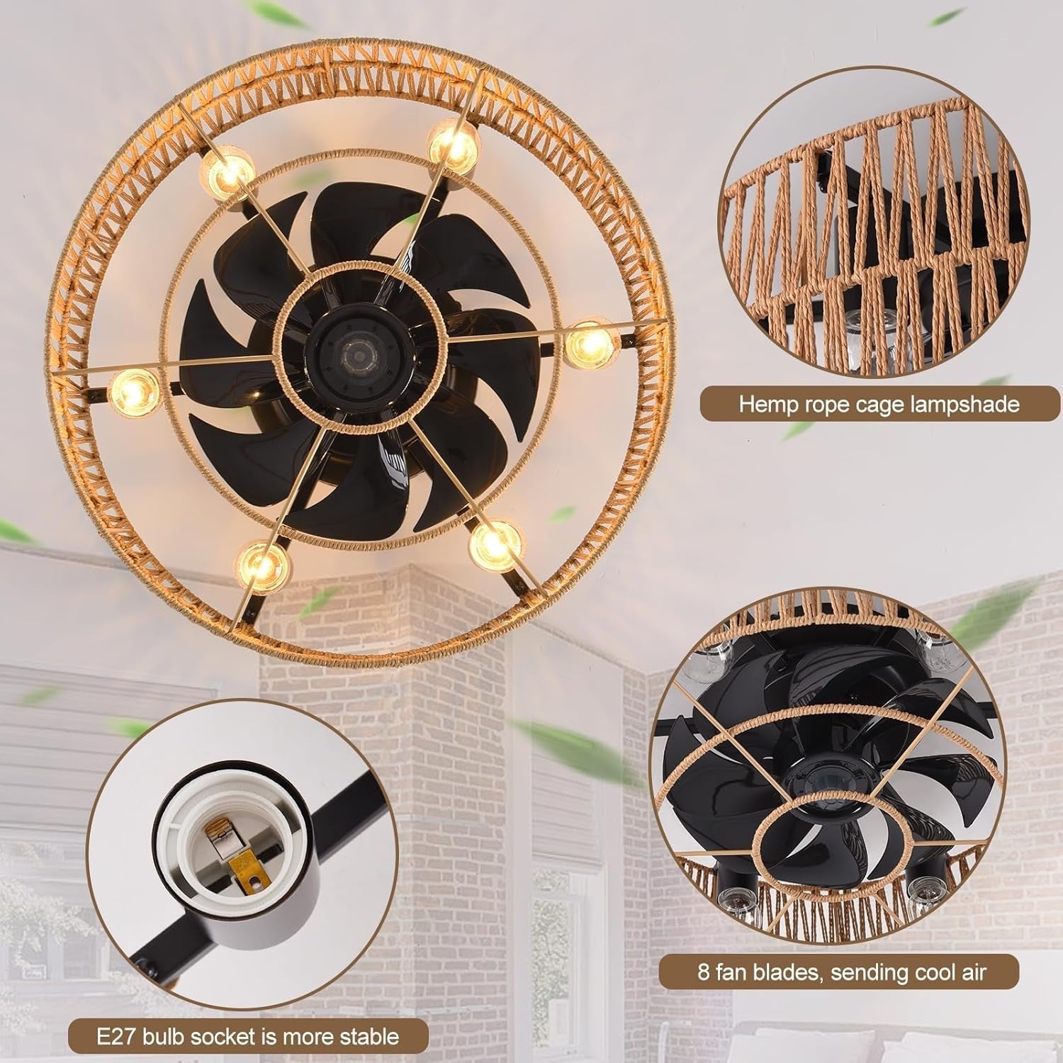 Boho Rattan Ceiling Fan Light 48CM, 6-Light, APP, Remote, Caged