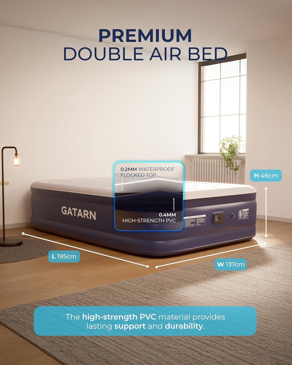 Double Air Mattress with Built-In Pump – Inflatable Guest Bed 195x137x46cm