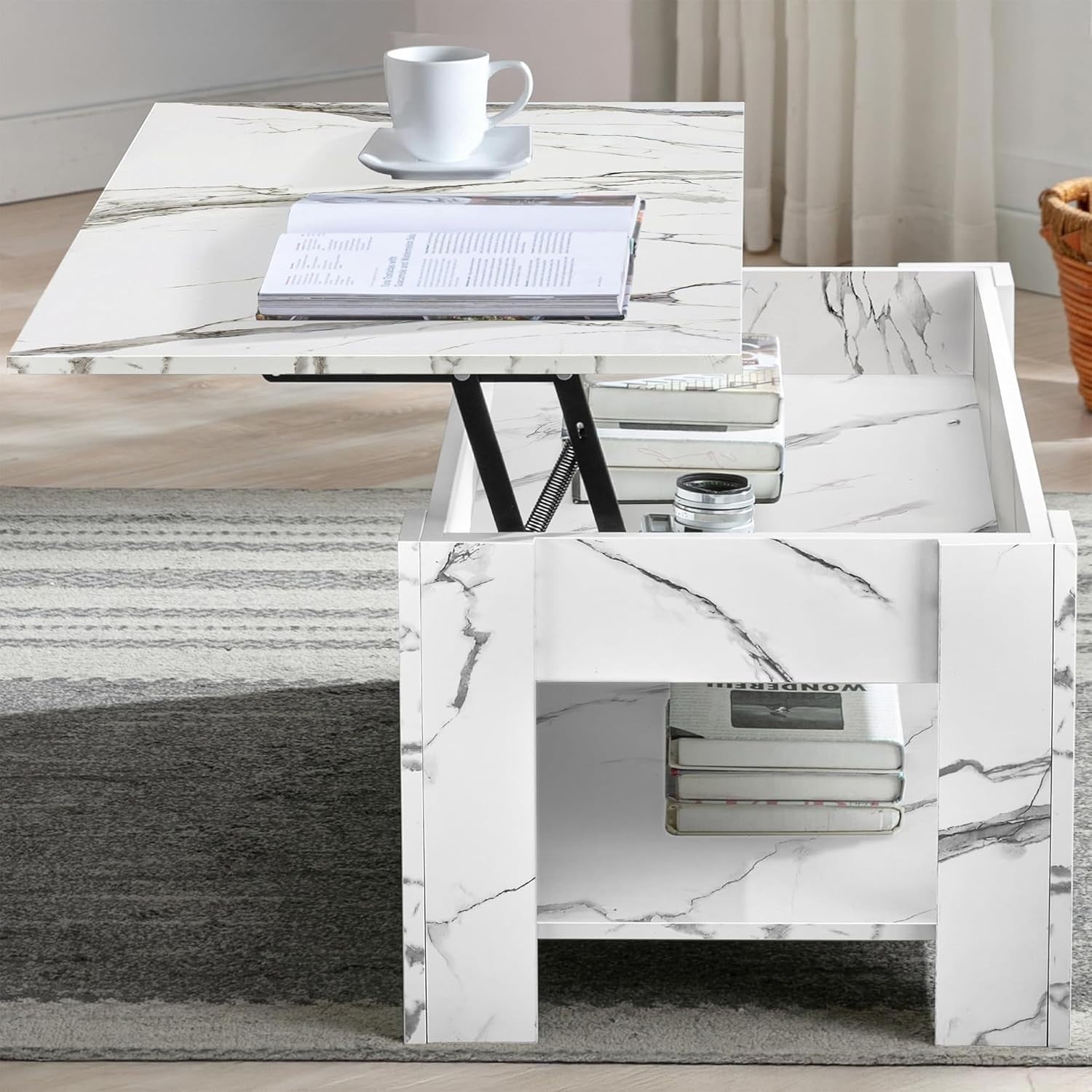 High Gloss Lift Top Coffee Table with Storage White Marble 120x60 Modern