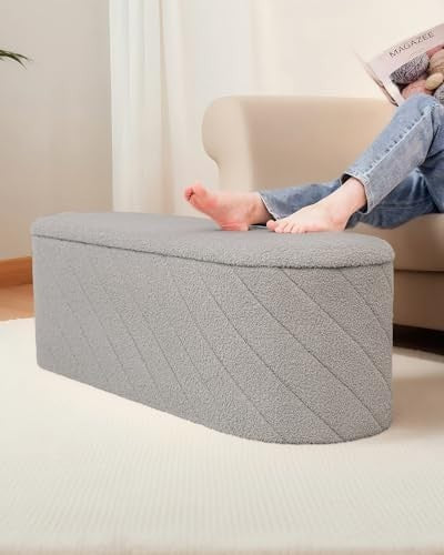 Grey Oval Storage Ottoman Bench 3-in-1 Footrest Seat with Lid 110x38x38cm