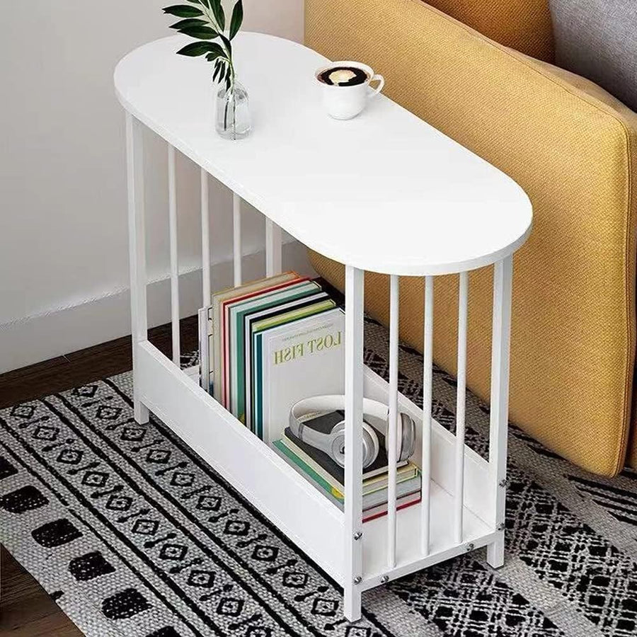 Oval White Side Table with 2-Tier Shelf – Modern Small Sofa End Table