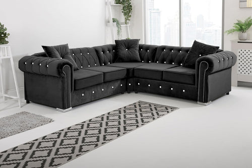 Luxury Black Velvet Chesterfield Corner Sofa – Diamond Detail, 5 Seater