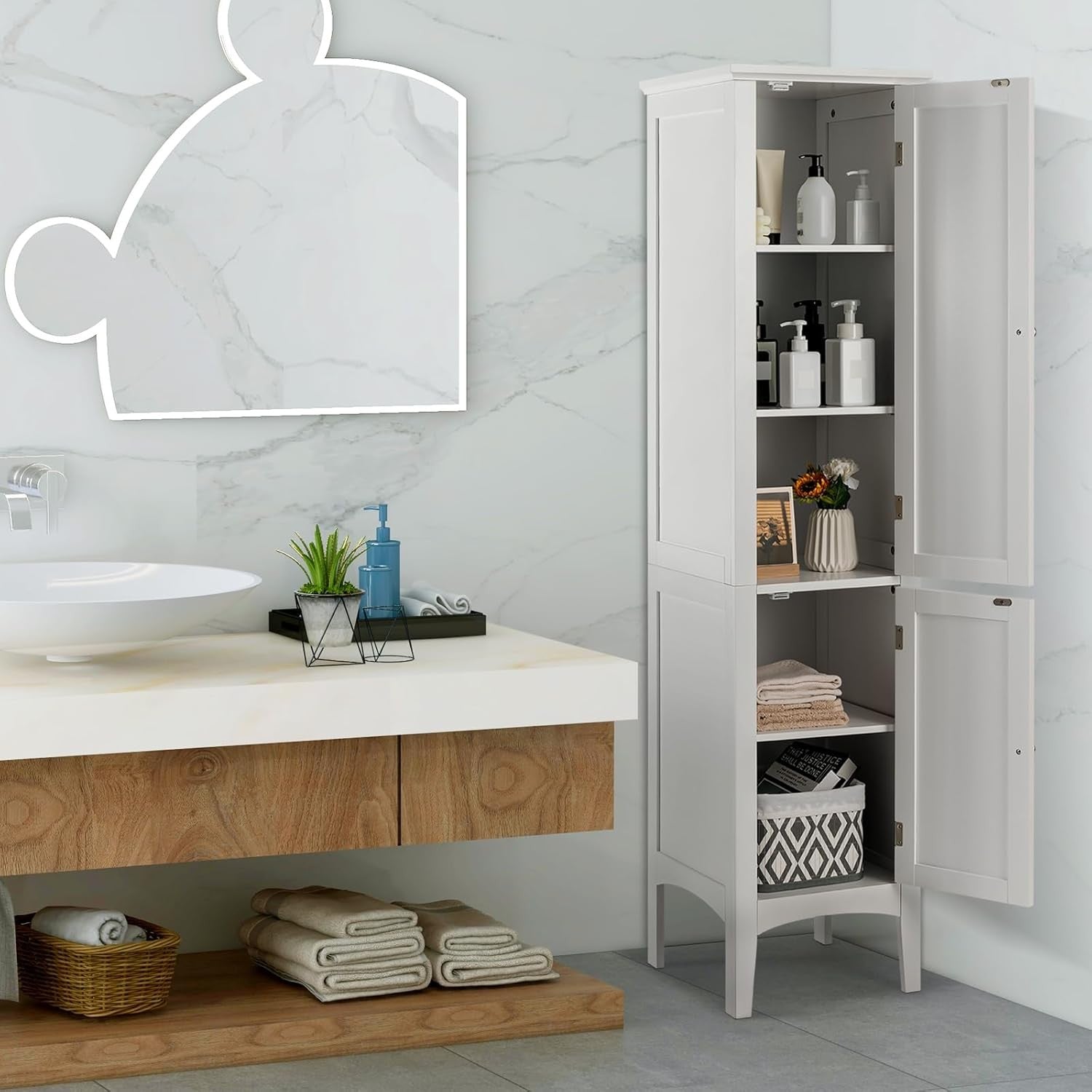 White Tall Bathroom Cabinet with 5 Shelves & Doors Freestanding Storage