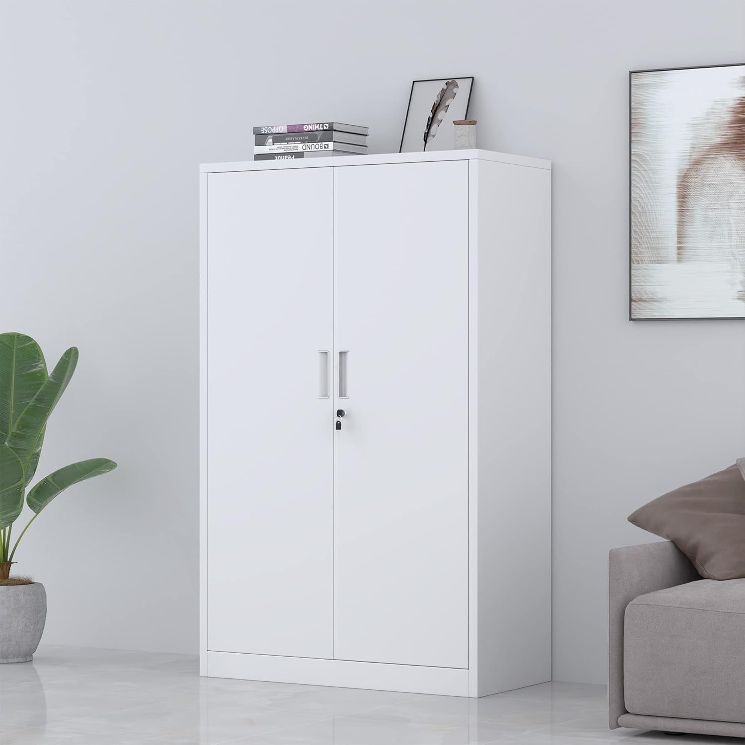 Tall Metal Storage Cabinet Lockable 3 Shelf Office Garage Cupboard