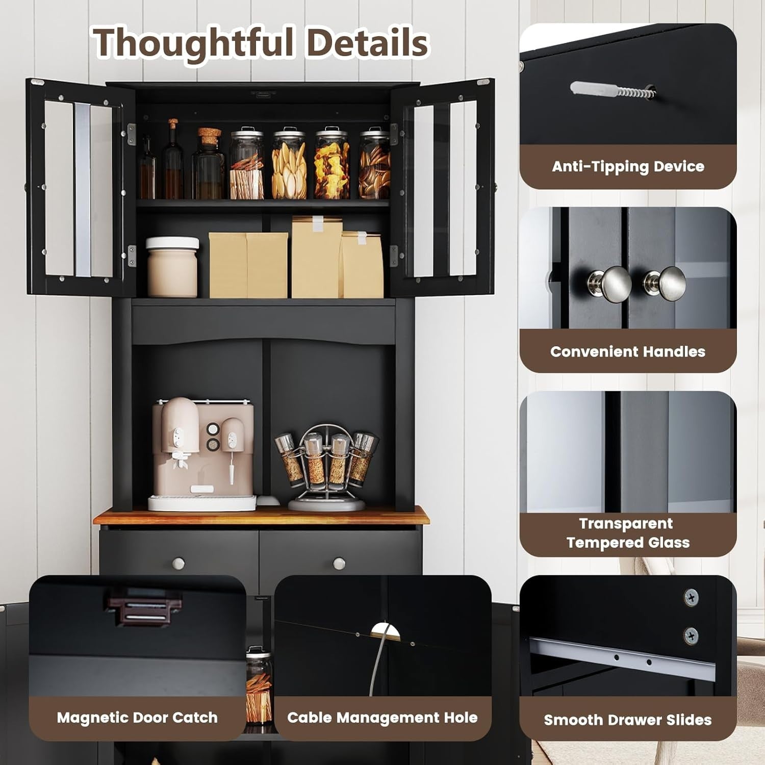 Black Tall Kitchen Cupboard Pantry Storage Cabinet 170cm Storage Units