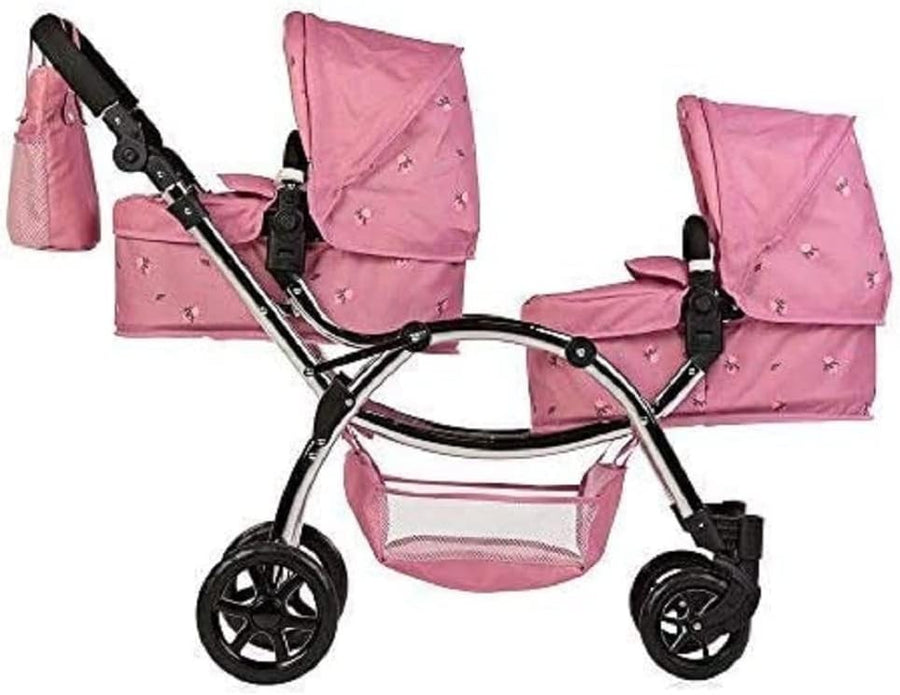 Twin Dolls Pram Pink Adjustable Handle Lightweight Double Buggy for Kids