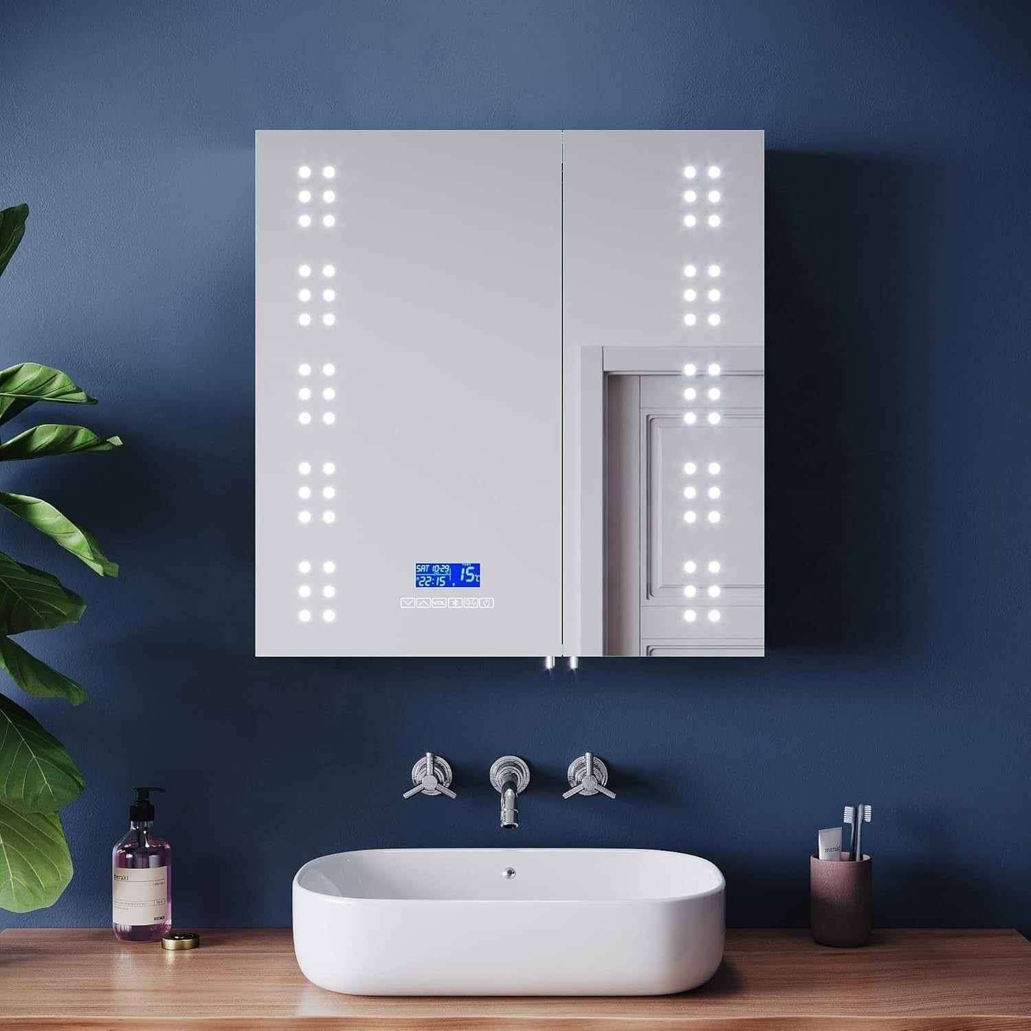 LED Bathroom Cabinet 630x650mm Bluetooth Demister Double Door Mirror