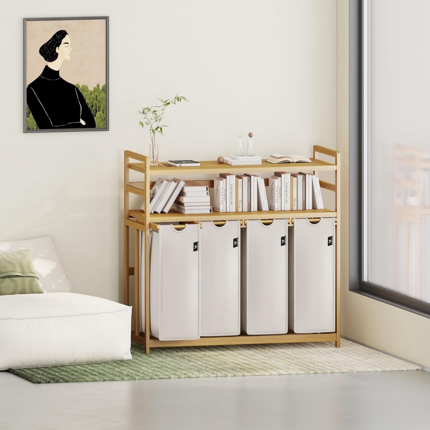 200L 4-Section Laundry Sorter Bamboo Frame With Shelf Removable Bags Grey