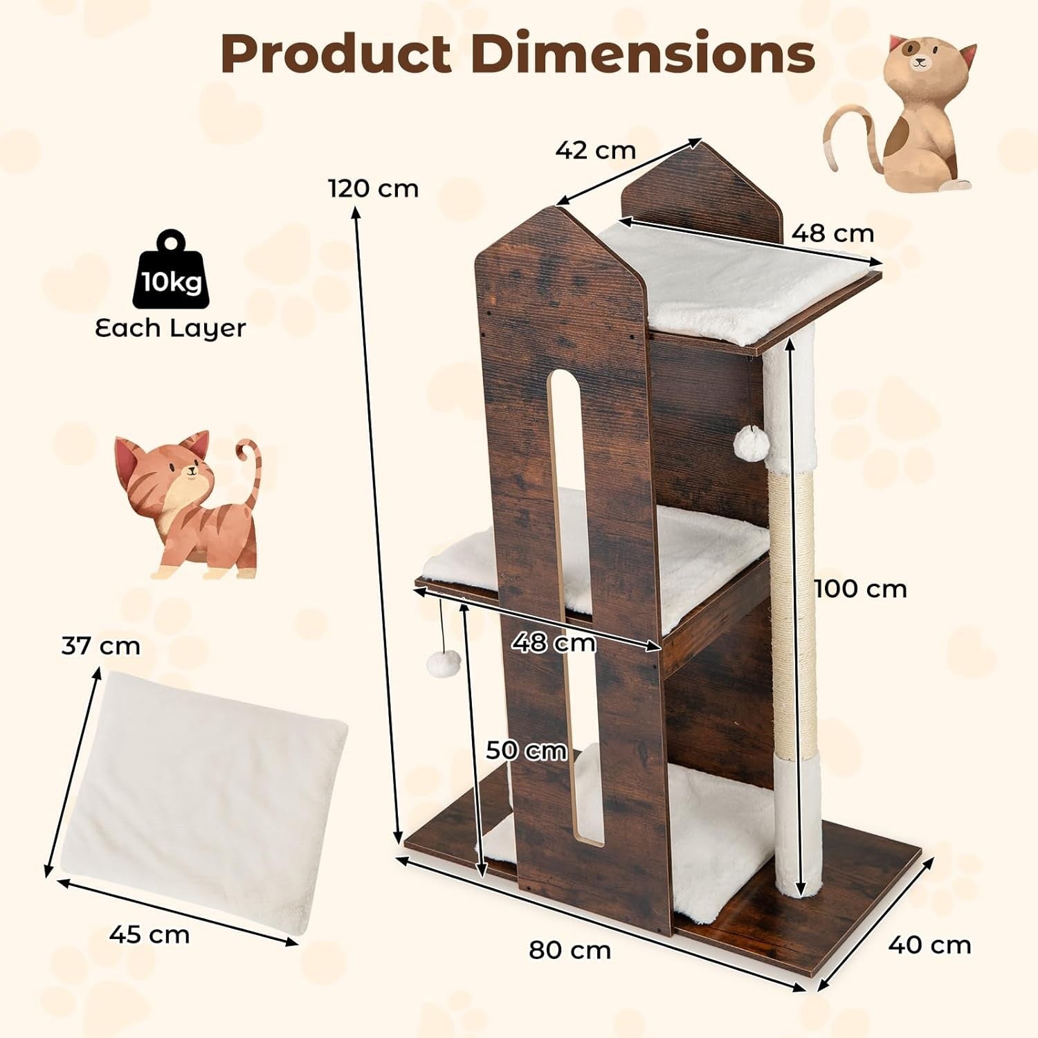 Wooden Cat Tree Tower Dark Brown 120cm Multi-Level Scratching Post Indoor