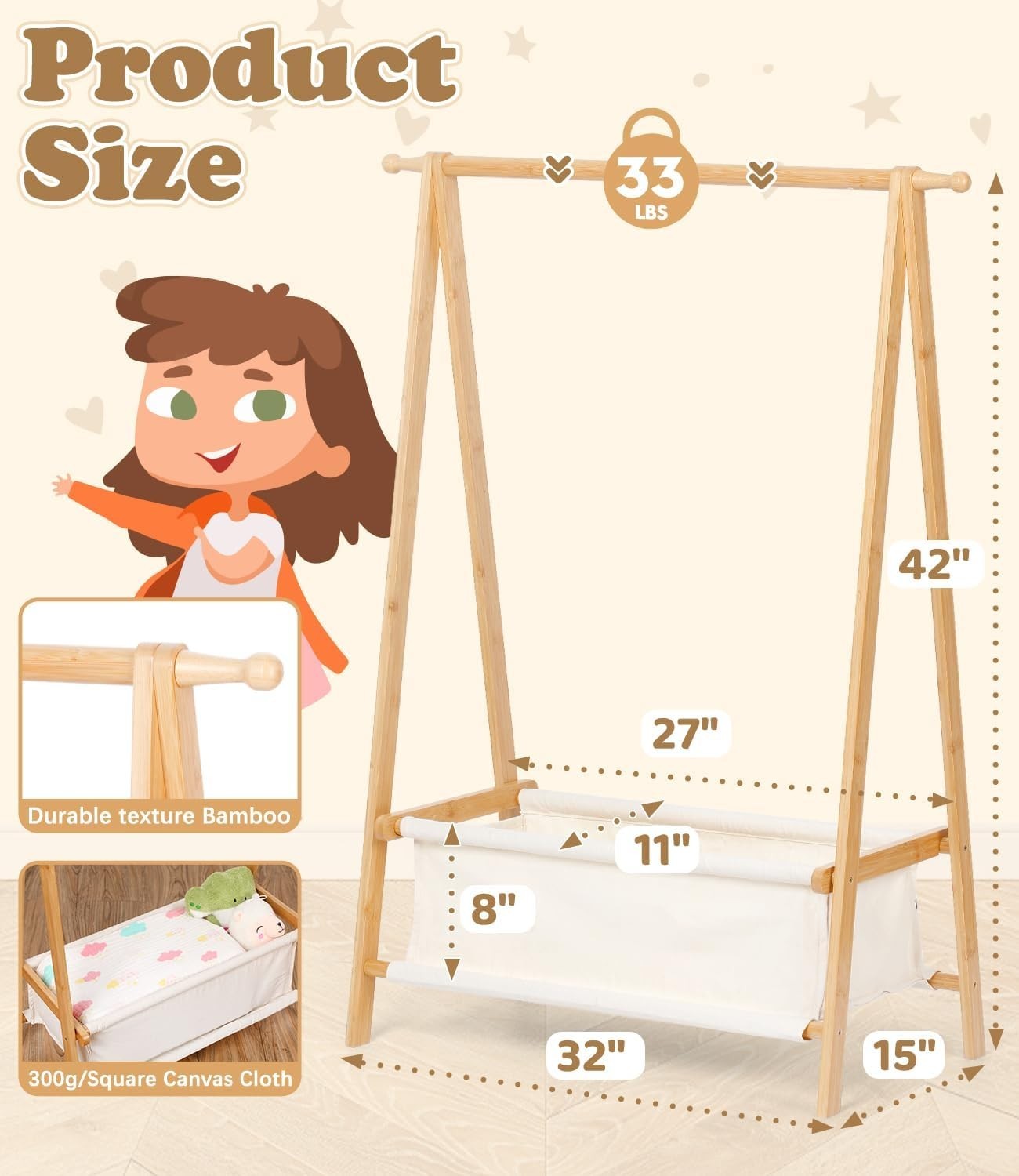 Bamboo Kids Clothes Rack Dress Up Storage Organizer