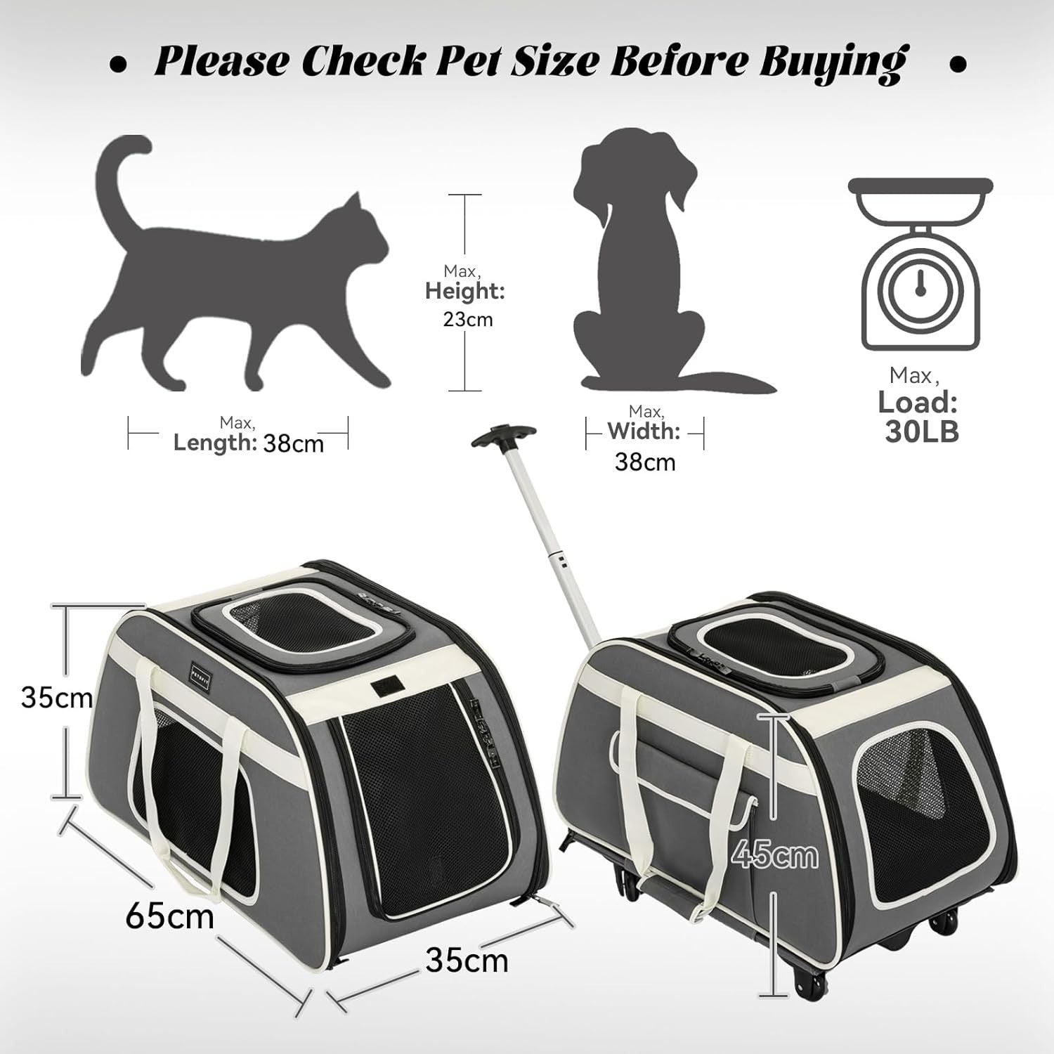 Rolling Pet Carrier with Wheels for Small Dogs & Cats, Portable Travel