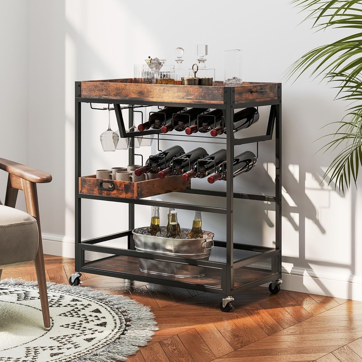 3 Tier Serving Trolley Bar Cart on Wheels with Wine Rack Glass Holder Tray