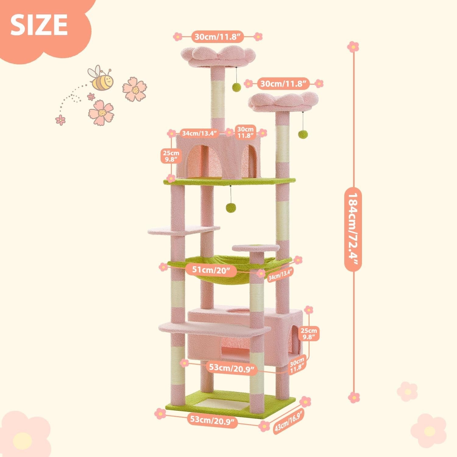 Large Cat Tree 184cm Extra Tall Multi Level Tower With Condos & Perches Pink