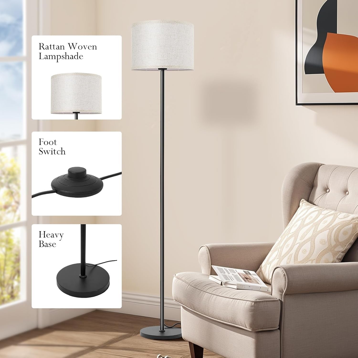 Modern Floor Lamp Linen Shade E27 Reading Light Tall Standing Lamp