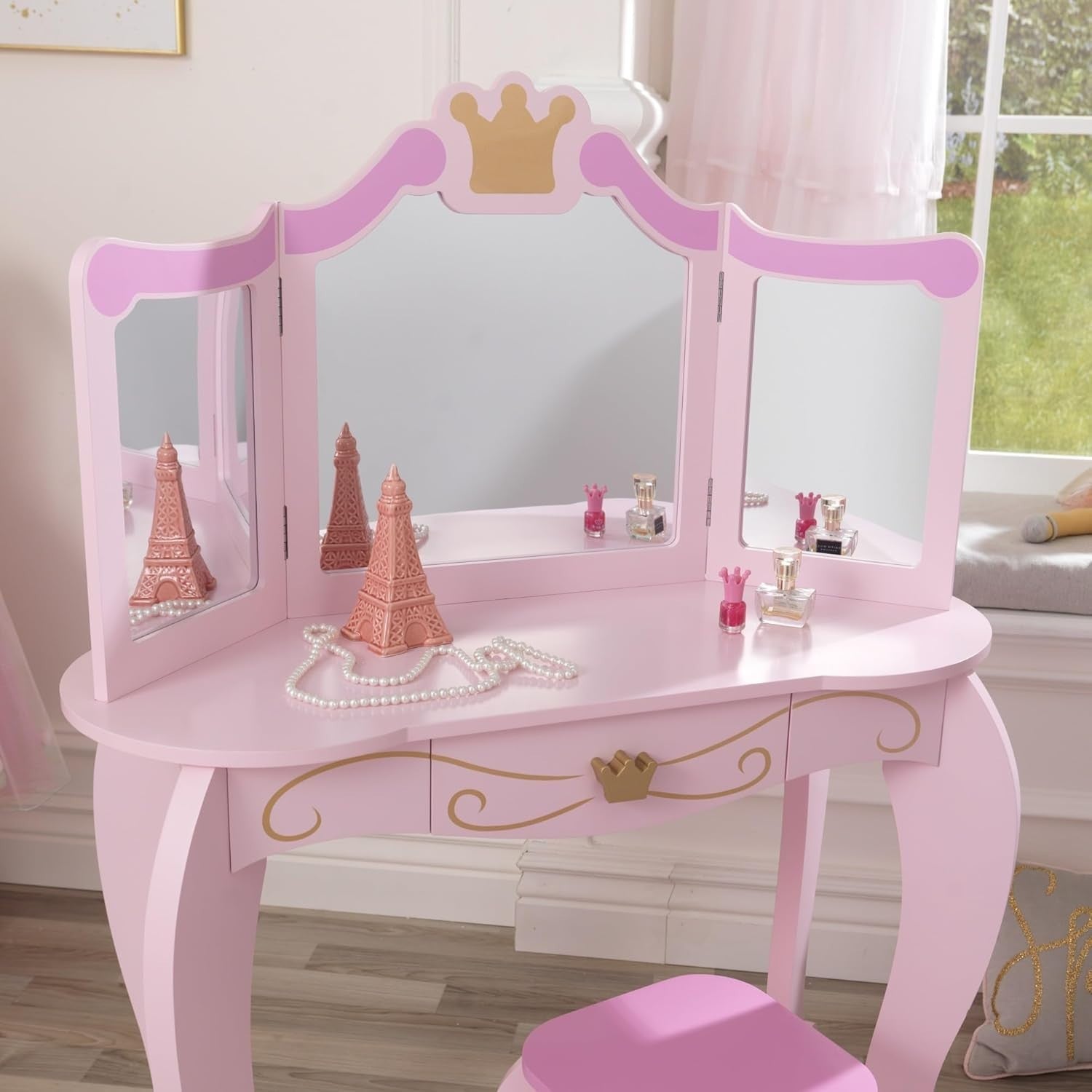 Kids Wooden Princess Vanity Table with Mirror, Stool & Storage Drawer
