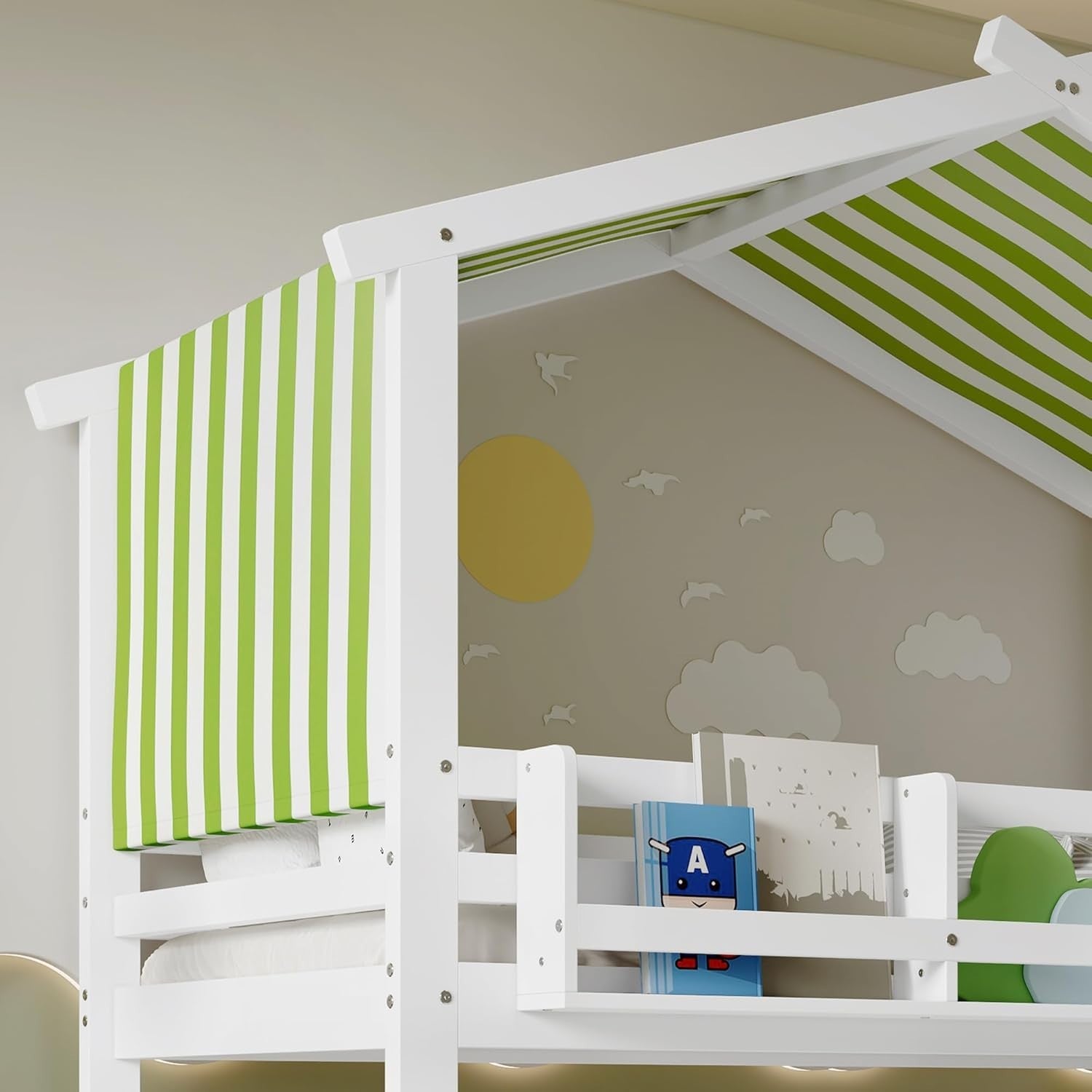 Kids High Sleeper Bunk Bed with Corner Stairs Canopy Bookshelf Storage 90x190