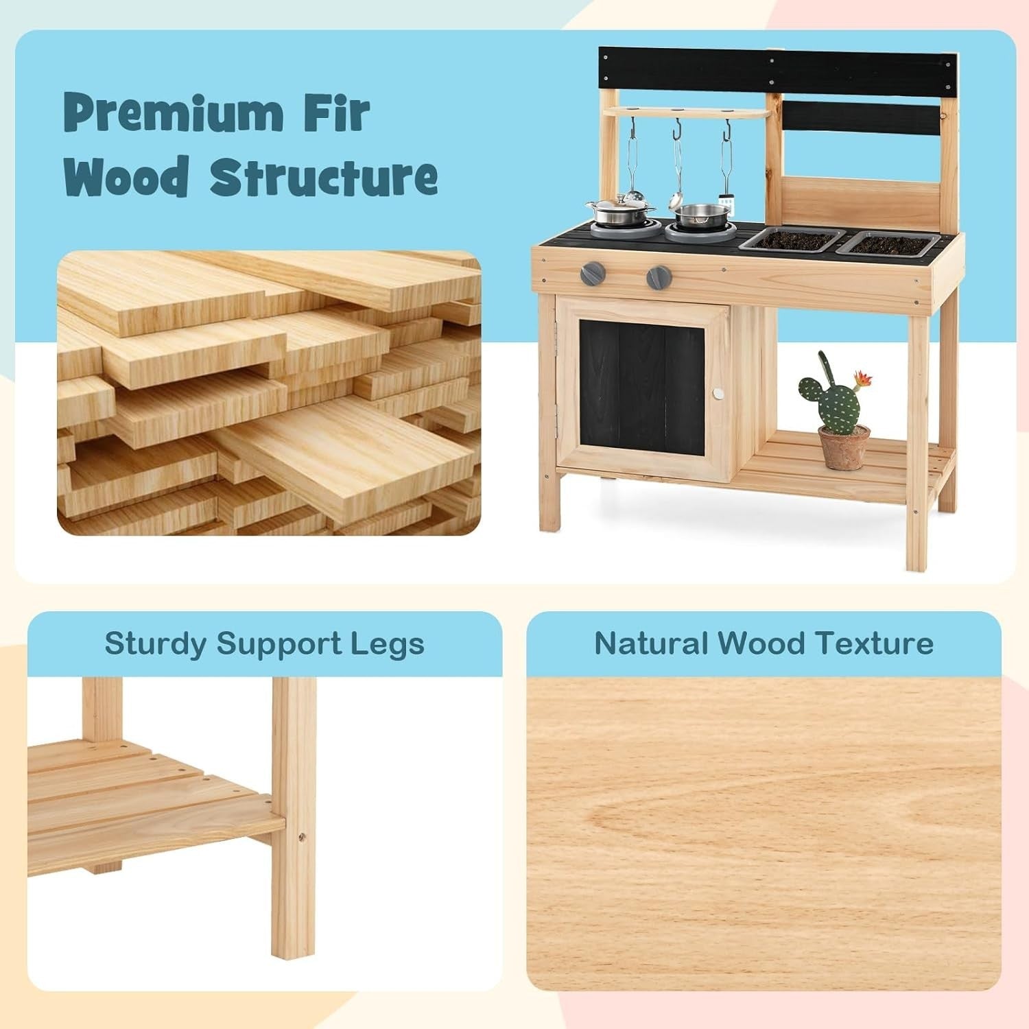 Outdoor Wooden Mud Kitchen Kids Playset w/ Sinks Stoves Accessories