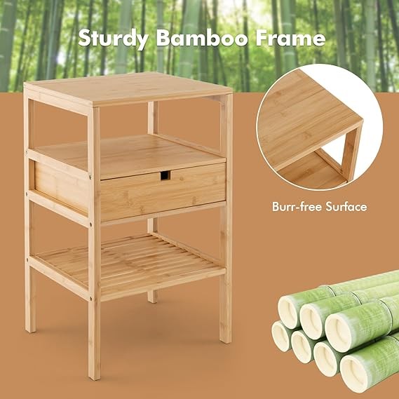 Bamboo Bedside Tables Set of 2 – 3-Tier Nightstands with Drawer & Shelves