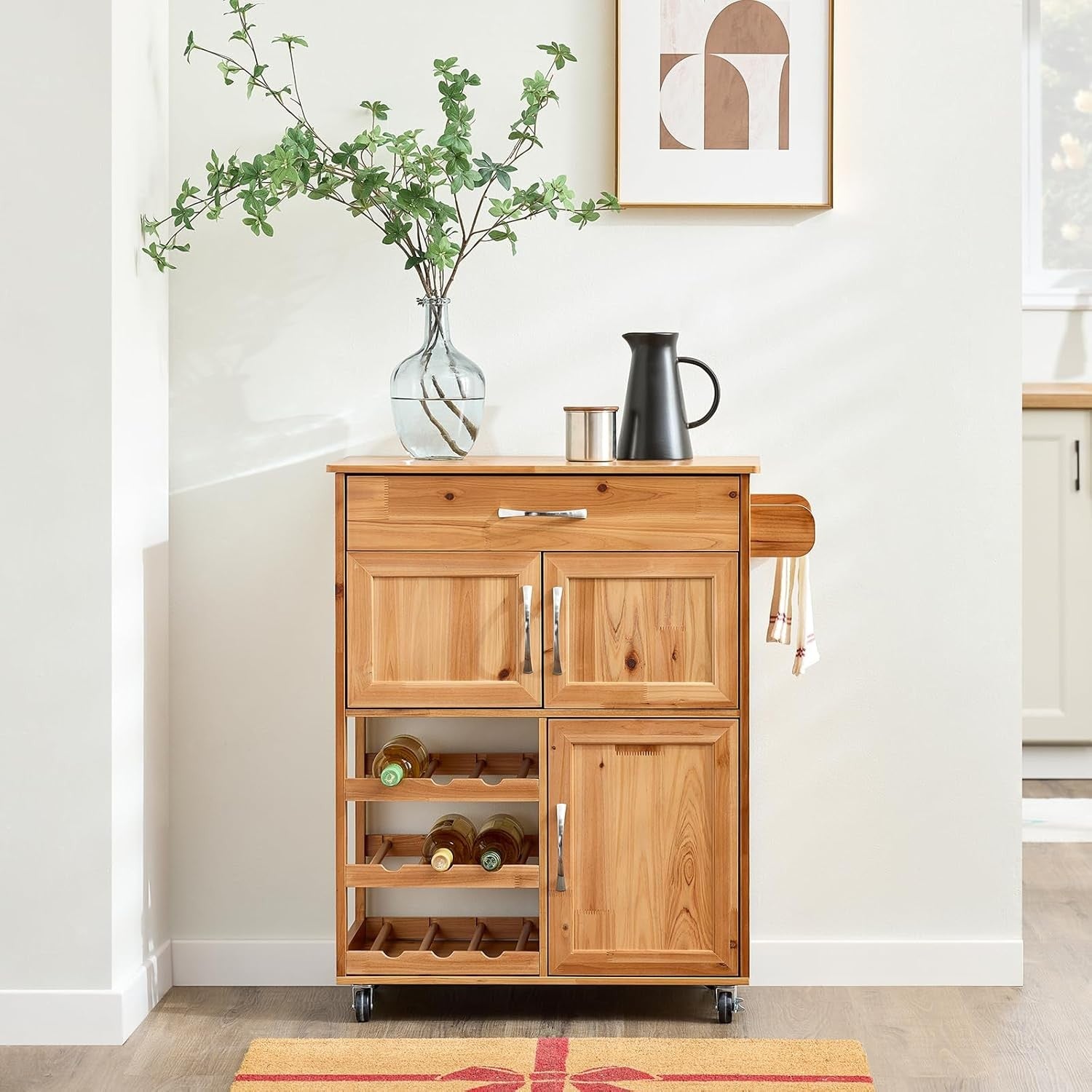 Solid Wood Kitchen Trolley on Wheels Storage Cart Wine Rack Drawer
