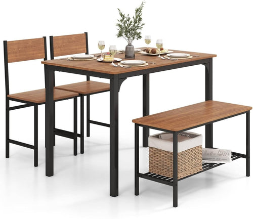 Teak Brown Industrial Dining Set with Bench & Storage Shelf – Seats 4