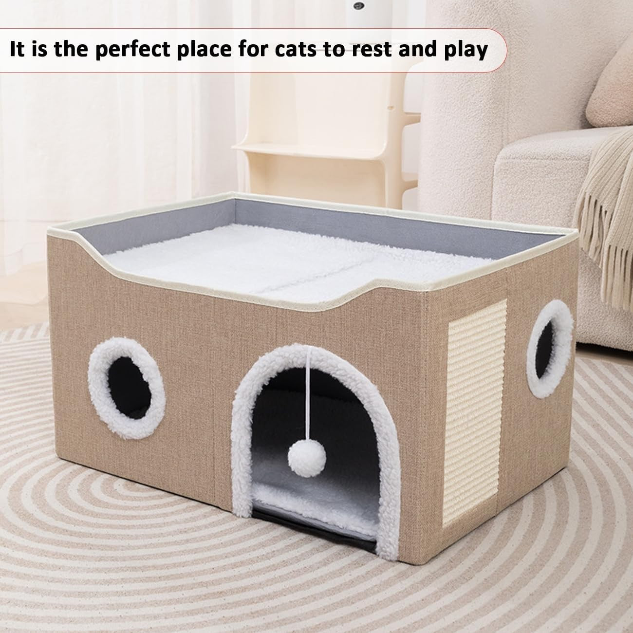 Foldable Cat House Cave Bed 2 Tier Cat Condo w Scratch Board Khaki