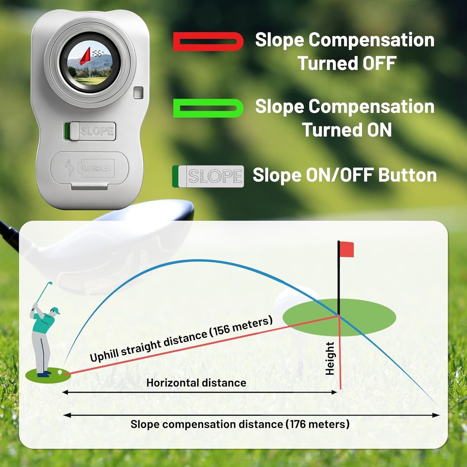 Golf Rangefinder 1200Y Slope 7X Magnification Flag Lock Rechargeable