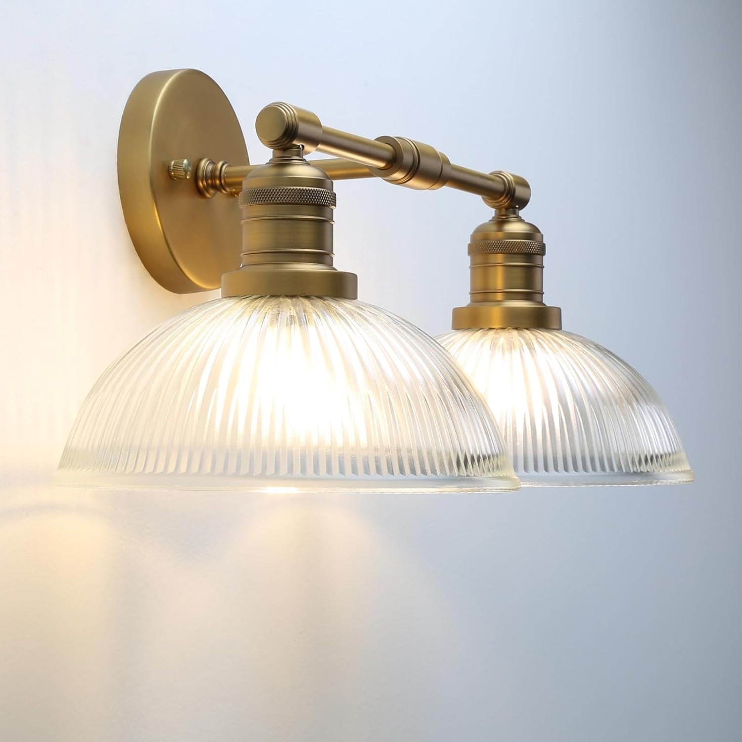 Industrial 2-Light Wall Sconce with Dome Ribbed Glass Shade, Dimmable