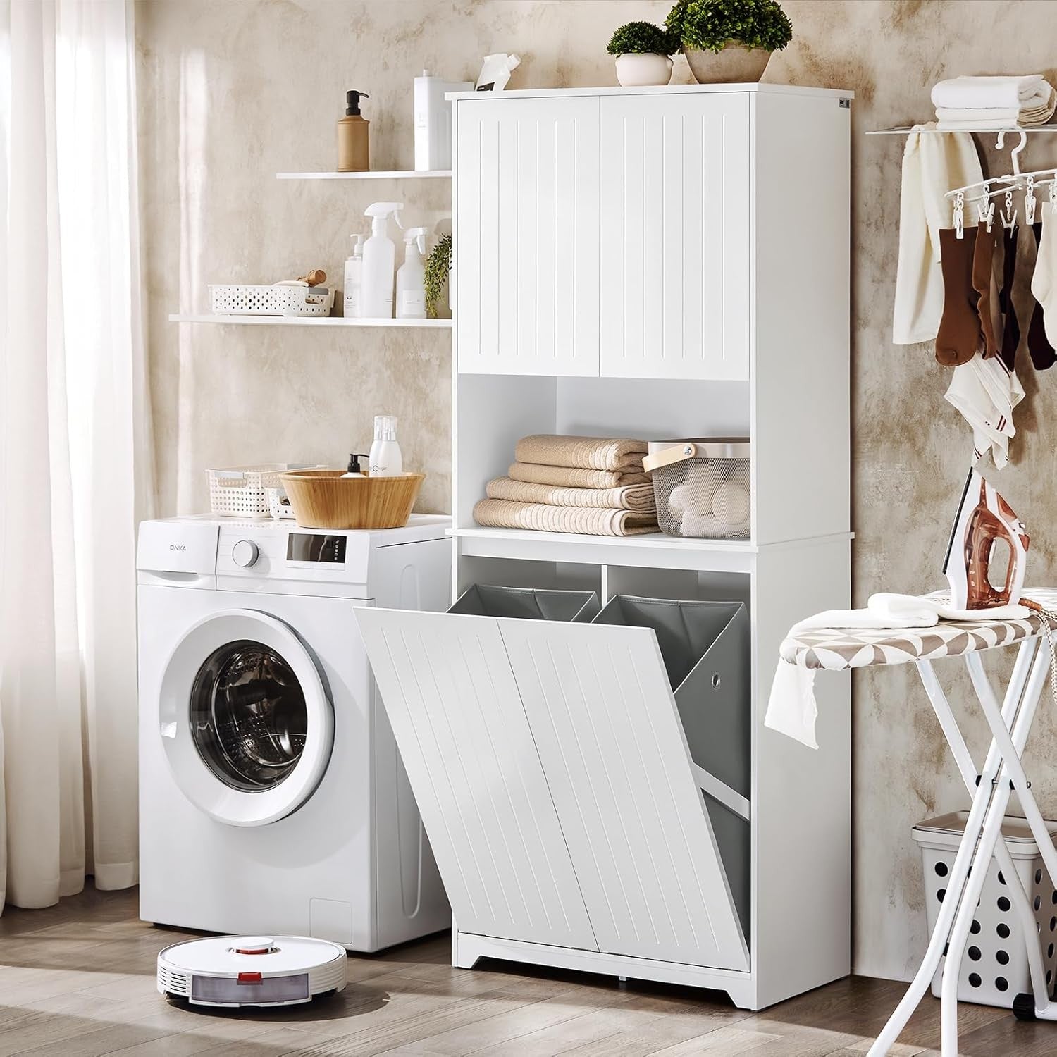 Tall Bathroom Storage Cabinet with Laundry Basket White Unit Doors Shelves 170cm