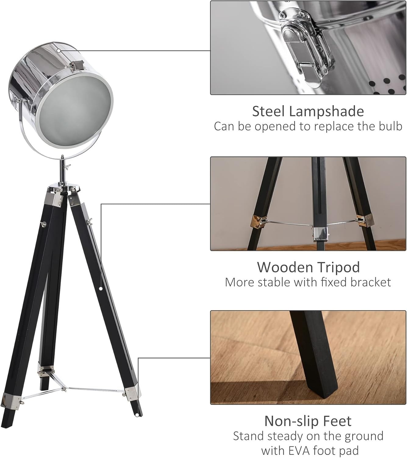 Adjustable Tripod Floor Lamp Industrial Style Searchlight with Wooden Legs