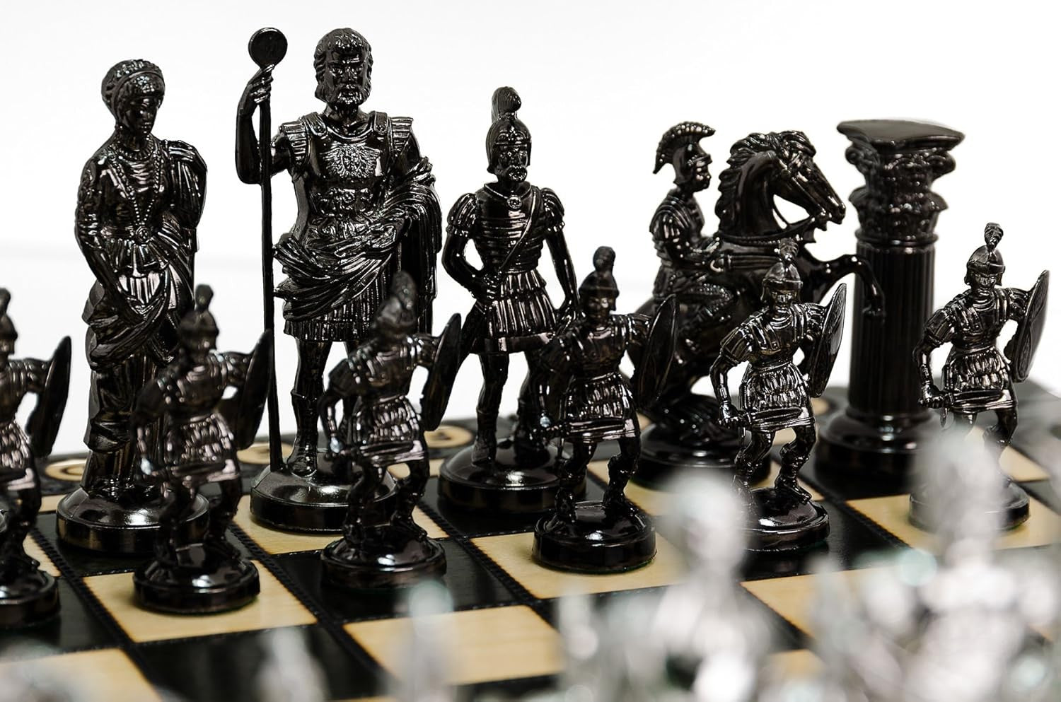 16" Luxury Spartan Silver Chess Set Weighted Chrome Pieces & Inlaid Board