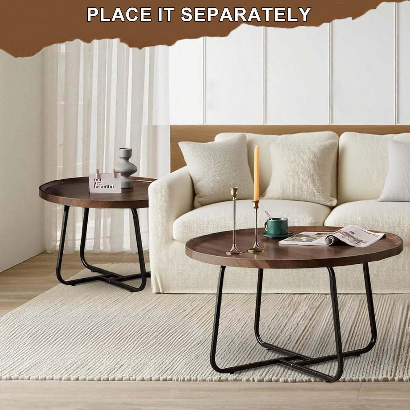 2pc Round Nesting Coffee Table Set Wood Side End Accent Nightstand Living Room
