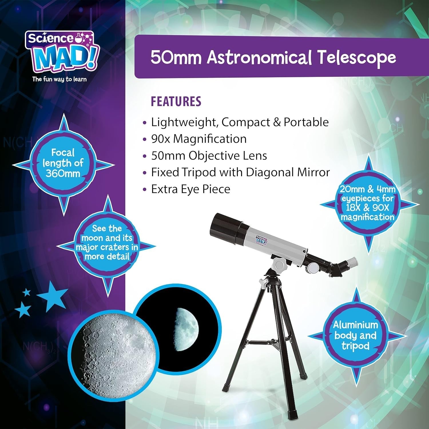 50mm Kids Astronomical Telescope 18x–90x Tripod Easy Beginner Space Scope