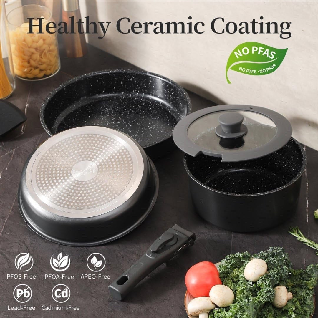 6pcs Non Stick Ceramic Cookware Set – Induction Safe Pans with Detachable Handle