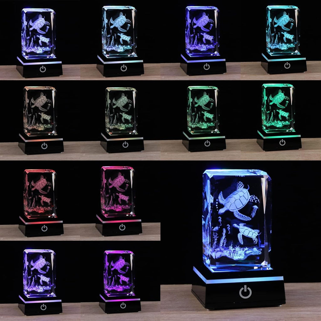 3D Crystal Sea Turtle Figurine with LED Light • Engraved Glass Ocean Gift