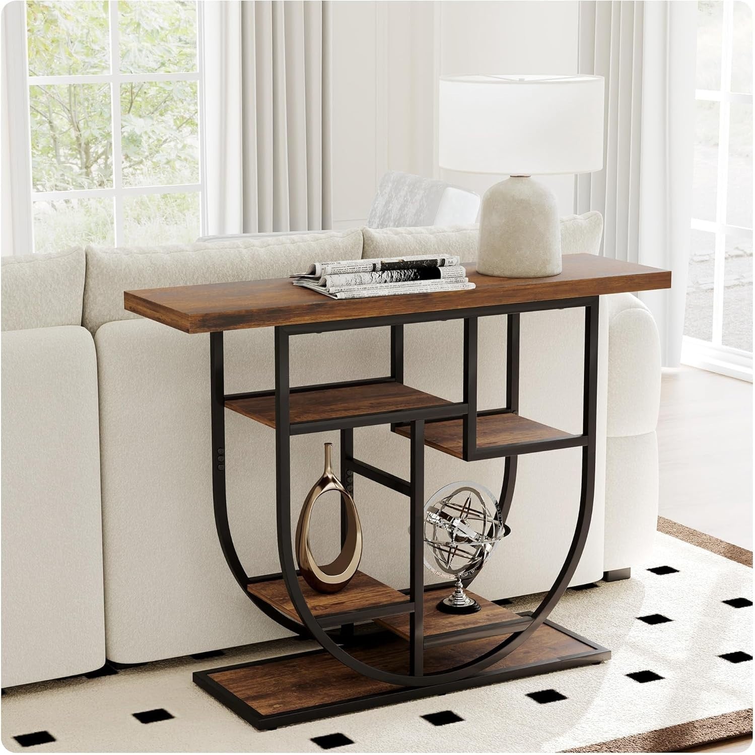Narrow Rustic Console Table with Storage Shelves & Metal Frame 103cm
