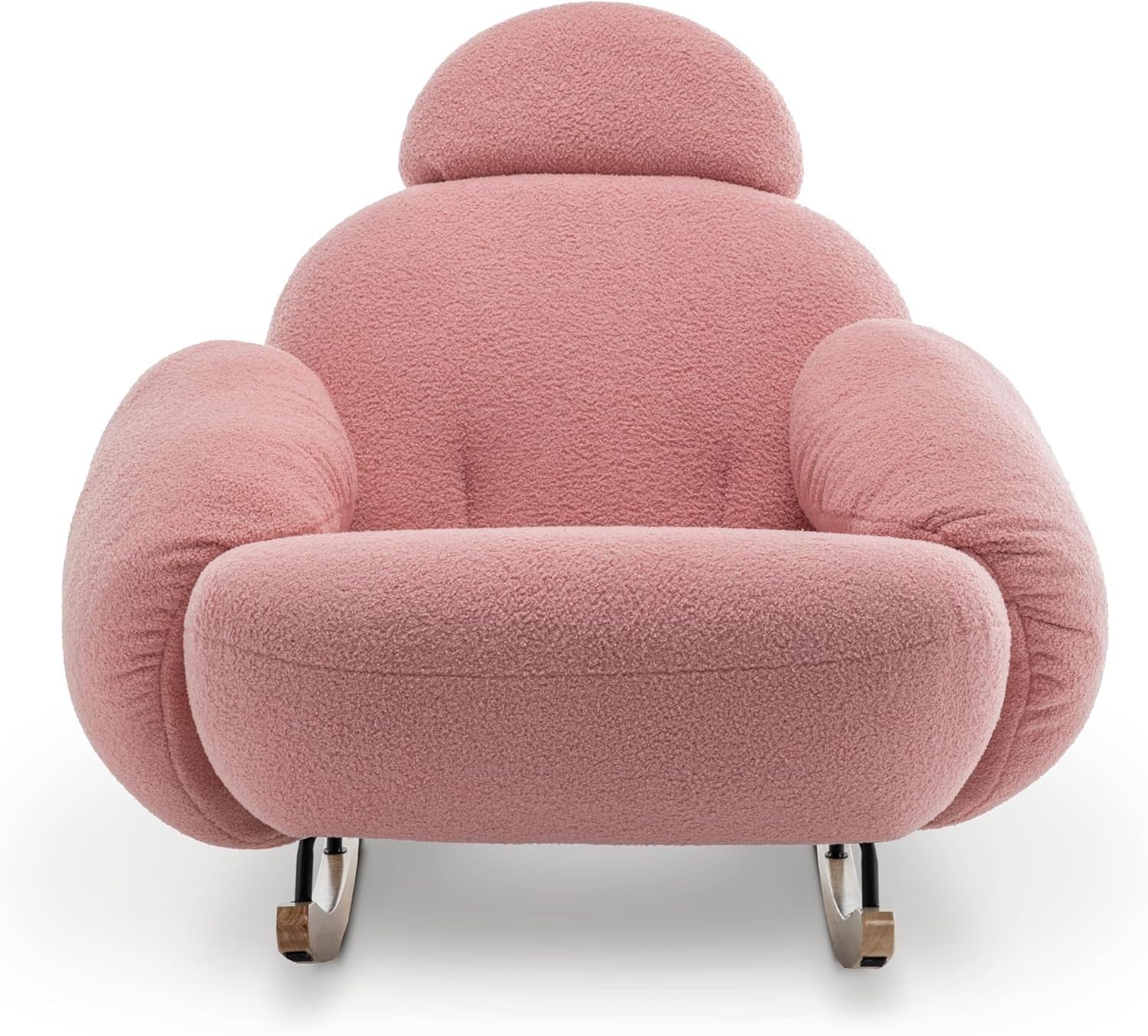 Pink Boucle Rocking Chair with Solid Wood Rockers & Plush Head Support