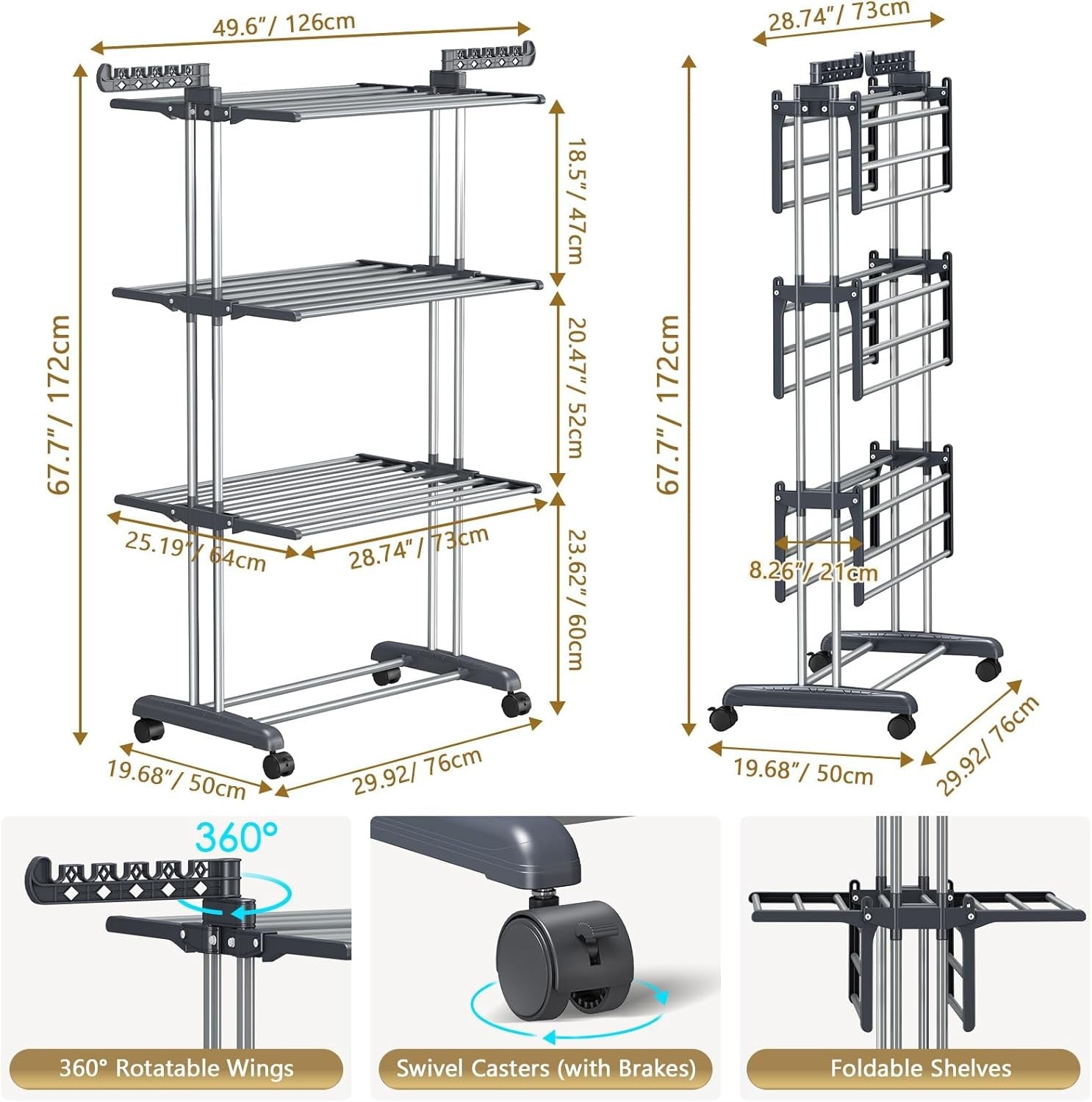 Large 4 Tier Clothes Airer with Wheels Foldable Stainless Steel Drying Rack