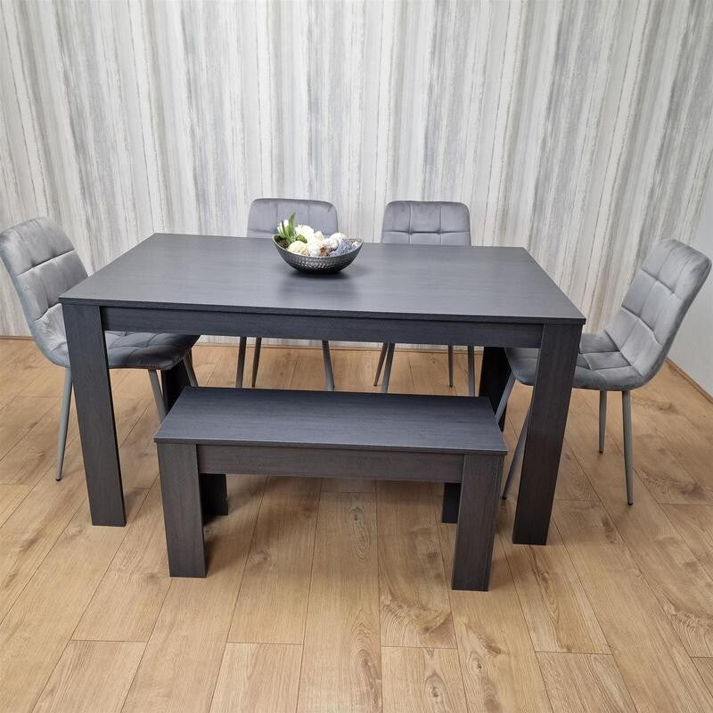 6 Seater Dining Table Set with Bench & 4 Grey Chairs – Modern Wood Effect