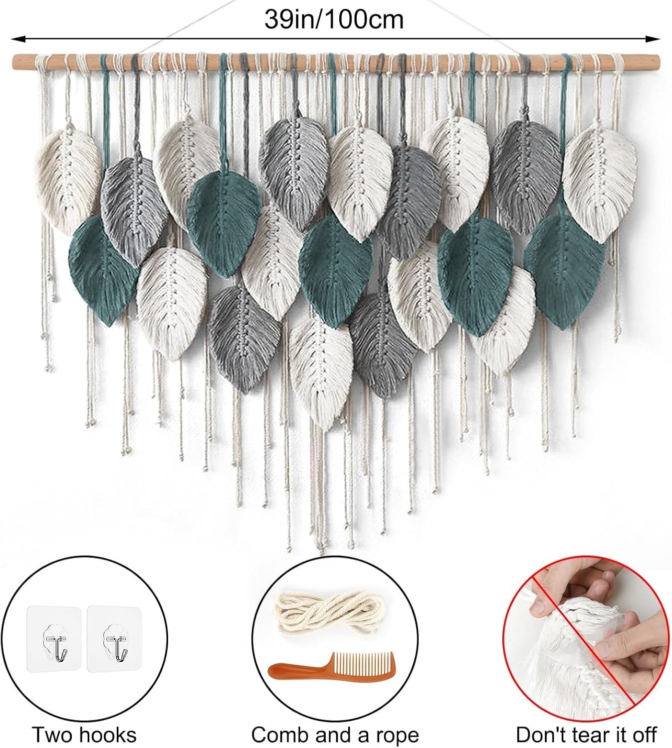 Large Macrame Wall Hanging Boho Leaf Woven Tapestry Teal