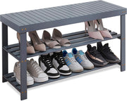 3-Tier Grey Bamboo Shoe Rack Bench with Storage Shelf & Modern Design