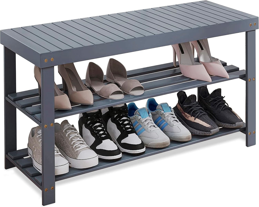 3-Tier Grey Bamboo Shoe Rack Bench with Storage Shelf & Modern Design