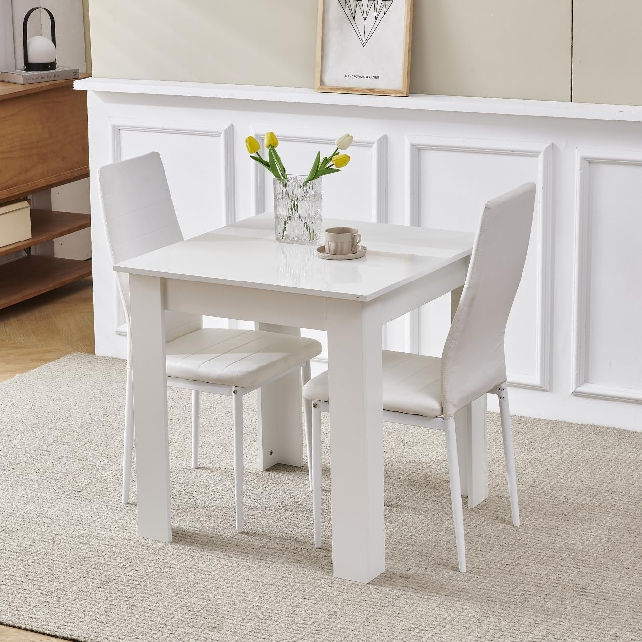 Space-Saving Modern White Dining Table & 2 PU Chairs Set for Small Rooms