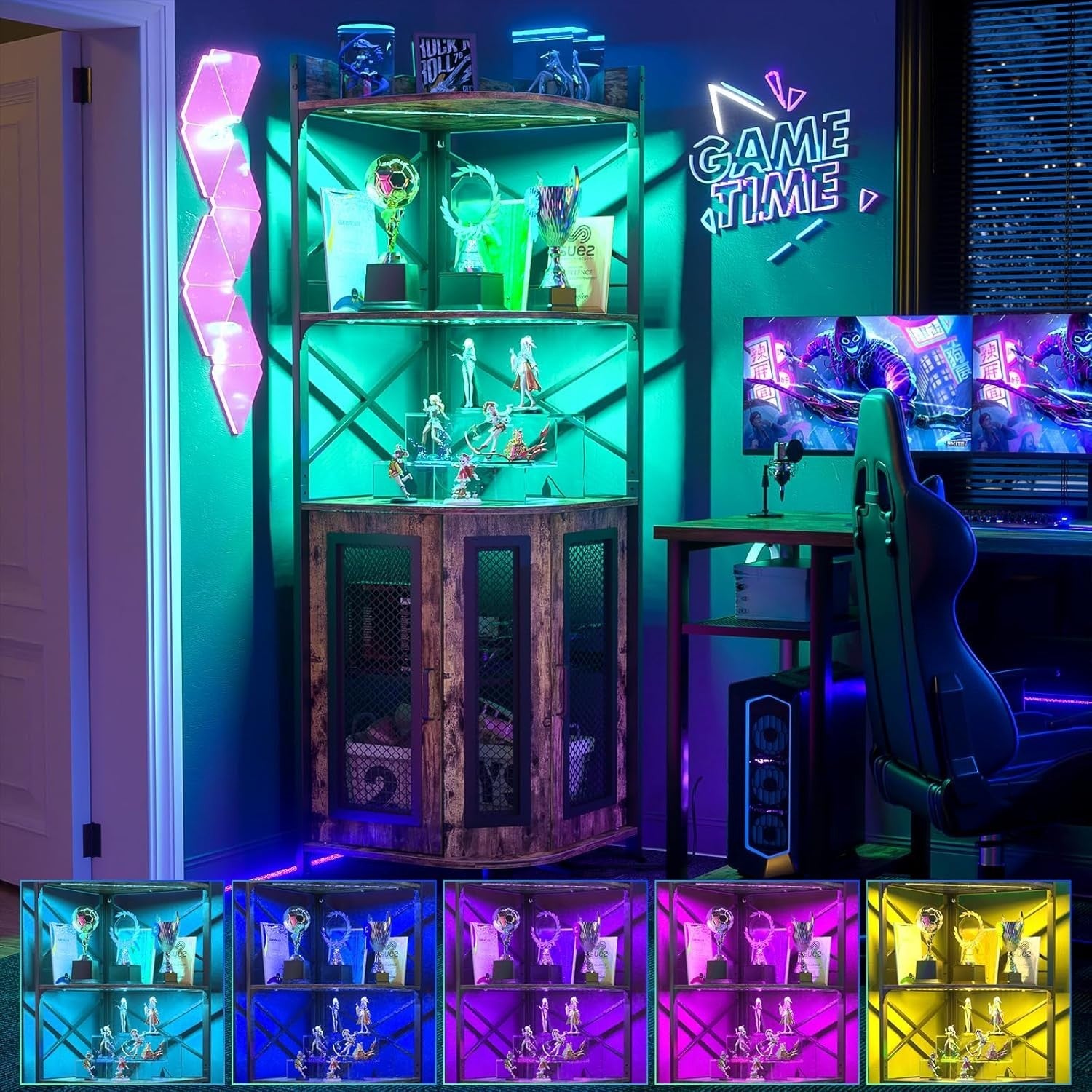 Corner Bar Cabinet with LED Lights & Power Outlets, 5-Tier Rustic Liquor Display