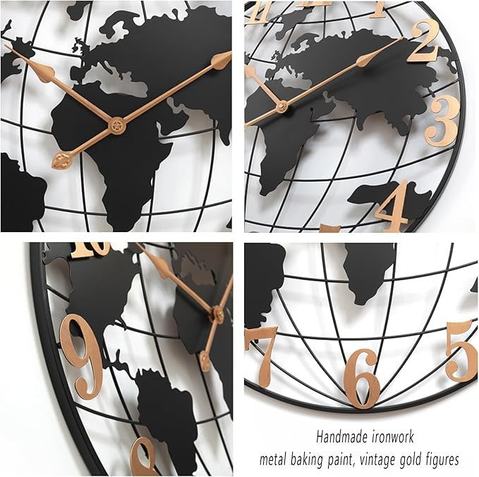 23" Large World Map Wall Clock Modern Silent Metal Black Gold Home Decor