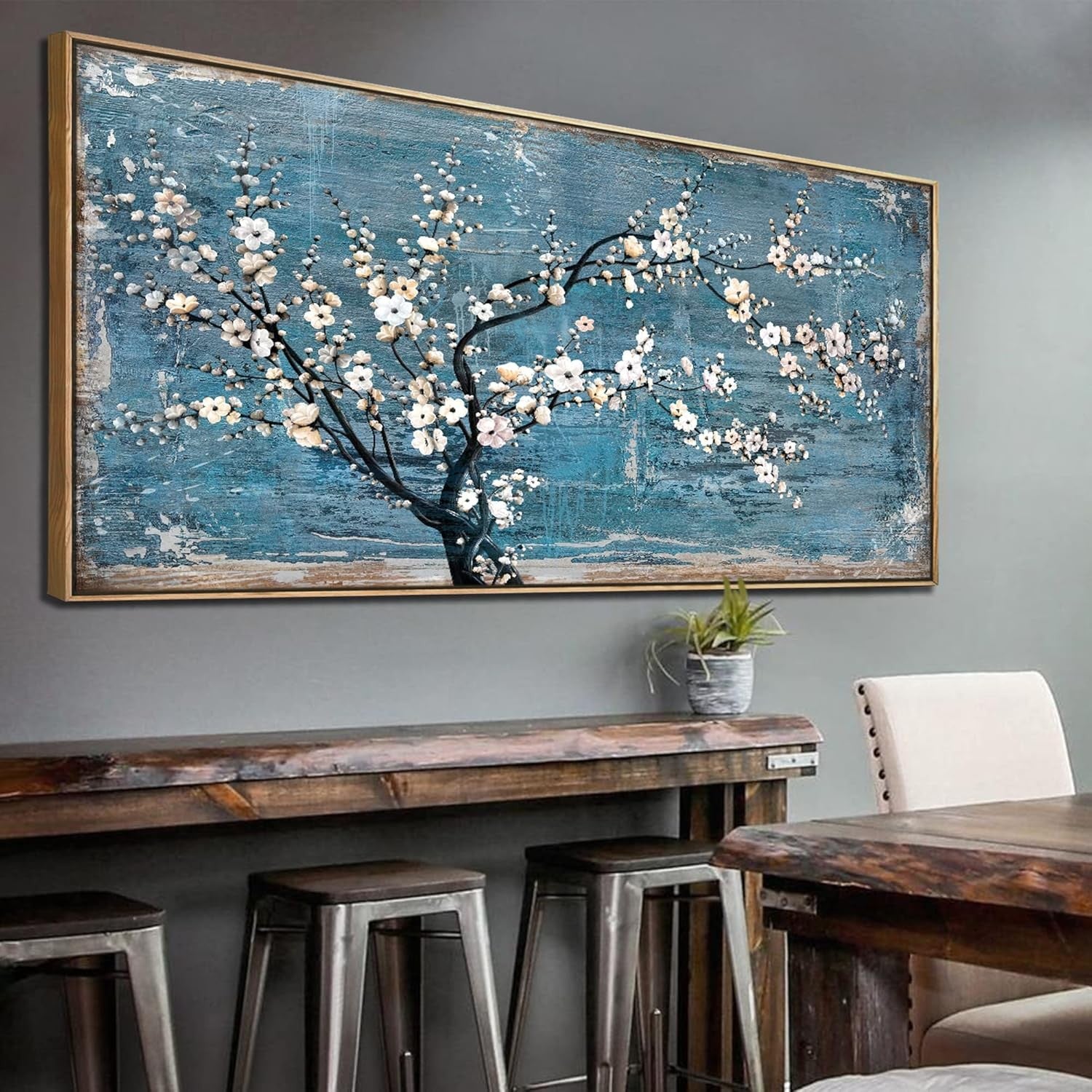 Teal Plum Blossom Abstract Canvas Wall Art – Large Framed 24x48in